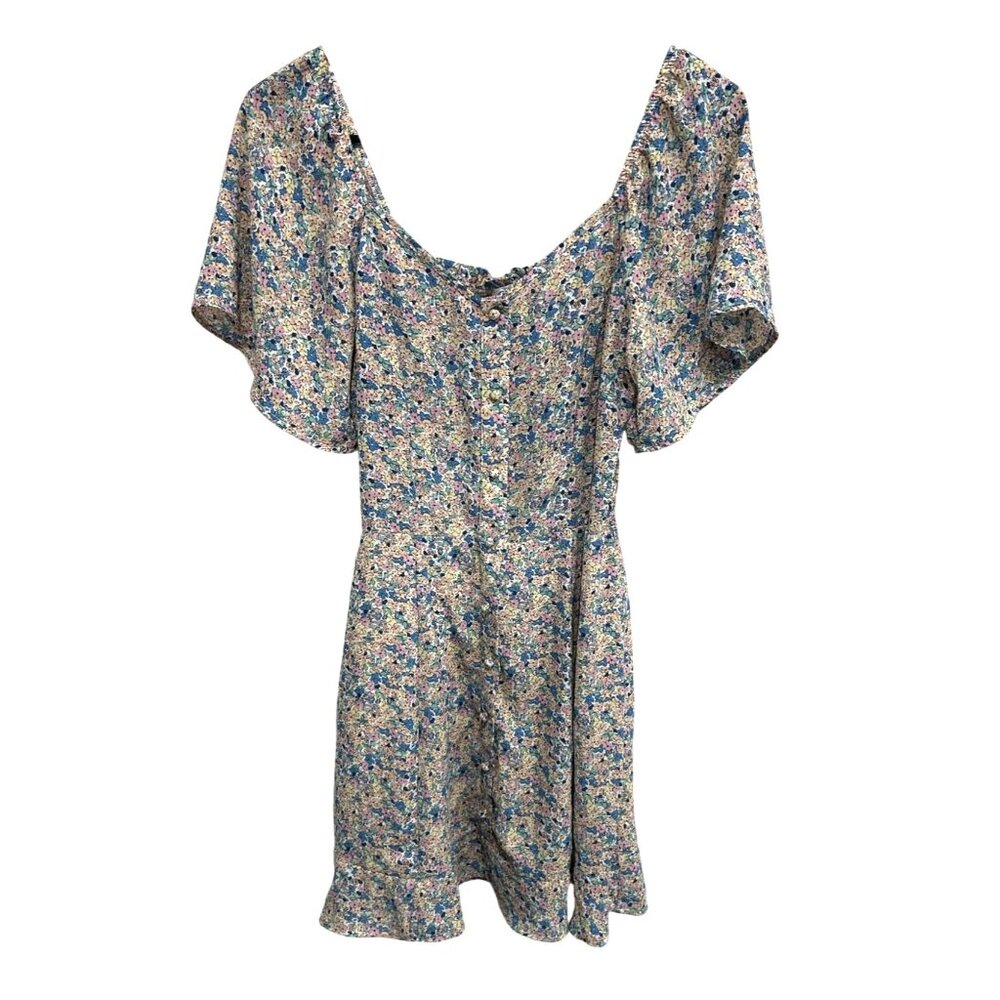 Sienna Sky Floral Print Short Sleeve Button-Front Mini Dress Ruffle Smocked Sz S
